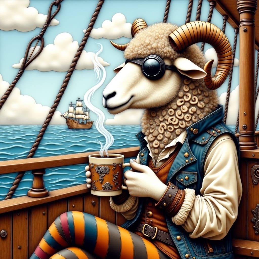 Sheep Pirate Drinking Coffee on Deck