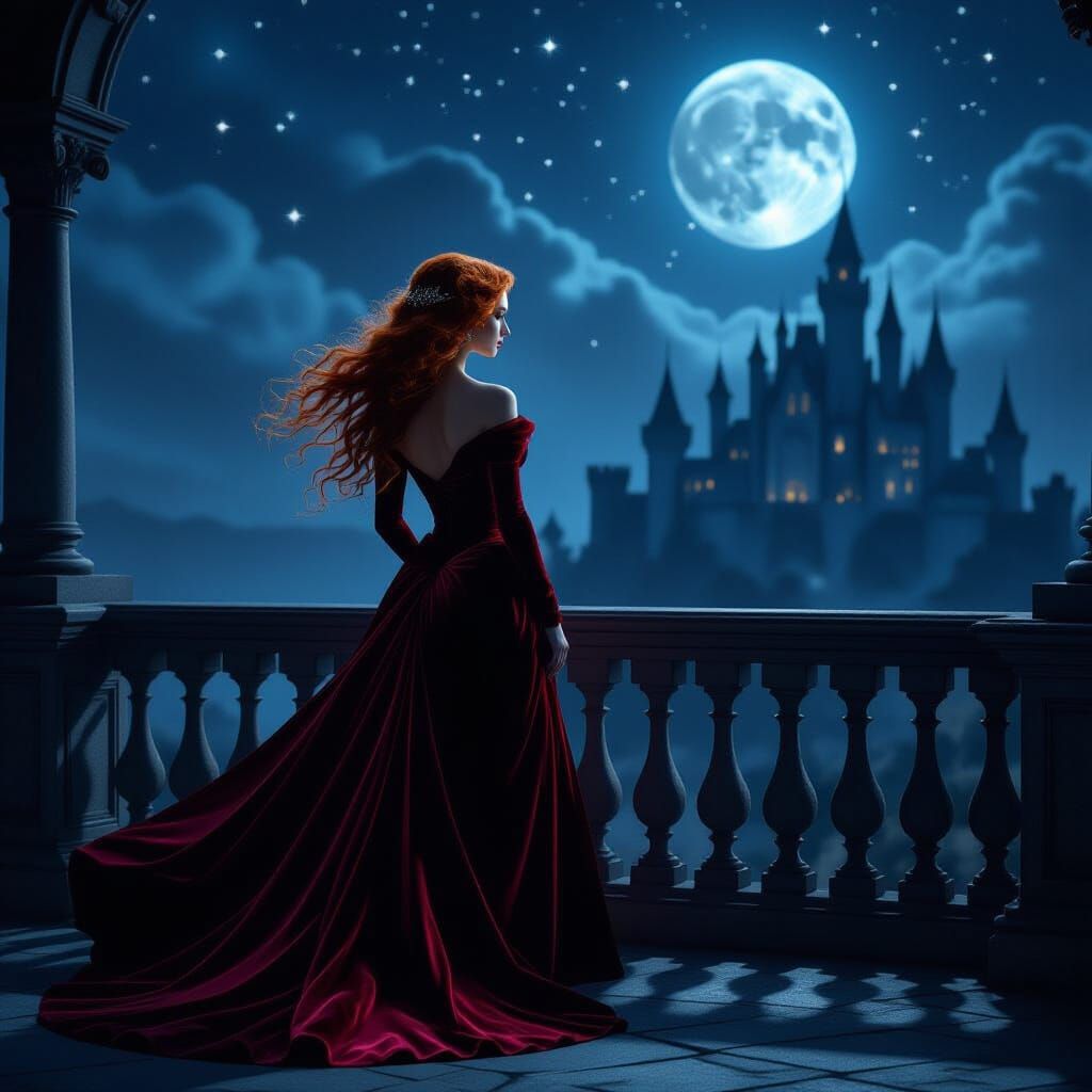 Ethereal Woman on Moonlit Balcony, Gothic Castle