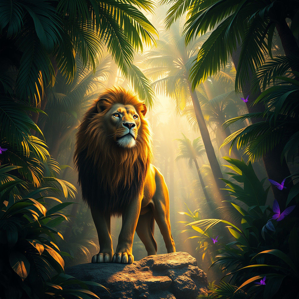 Majestic Lion in Tropical Jungle, Dreamlike Art