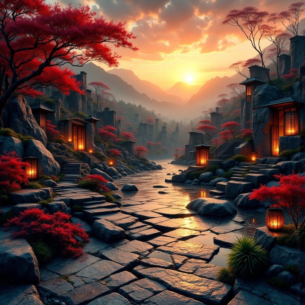 Futuristic Zen Garden with Origami Sculptures