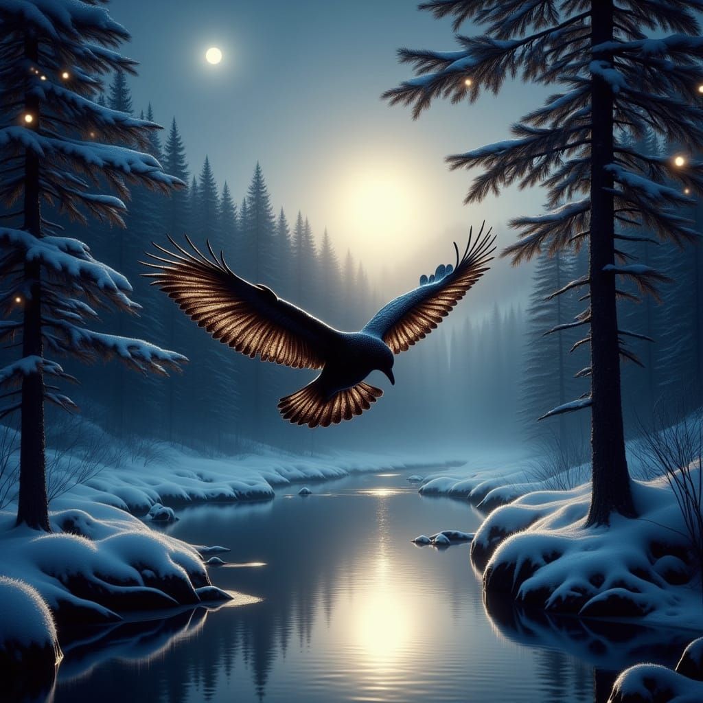 Celestial Raven Takes Flight Under Glittering Black Glass Wi...