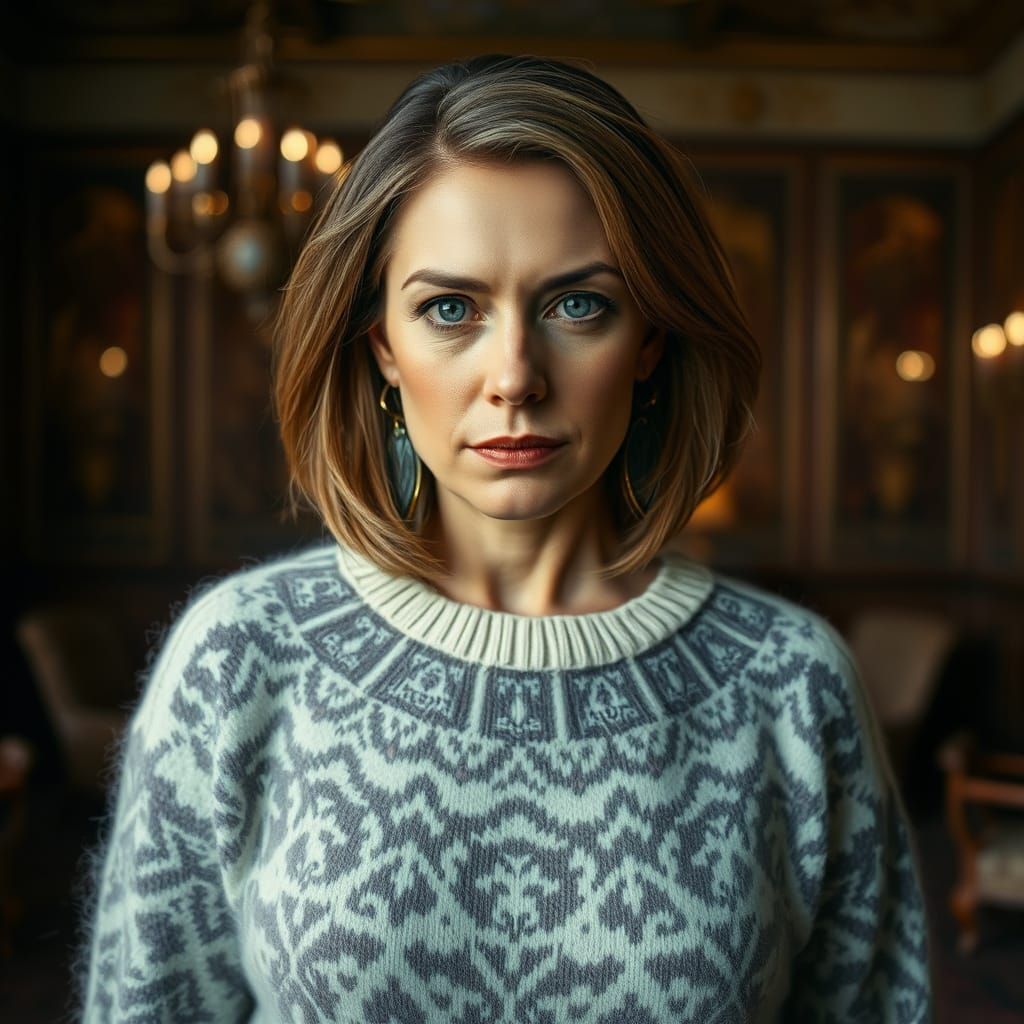 Woman in Fair Isle Sweater with Dramatic Lighting