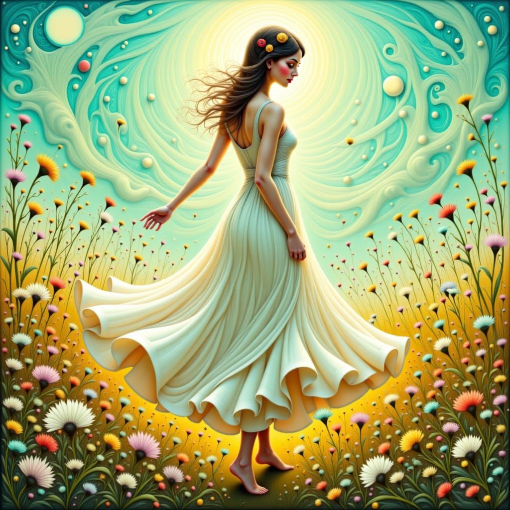 Woman Dancing in Field: Impressionist Style