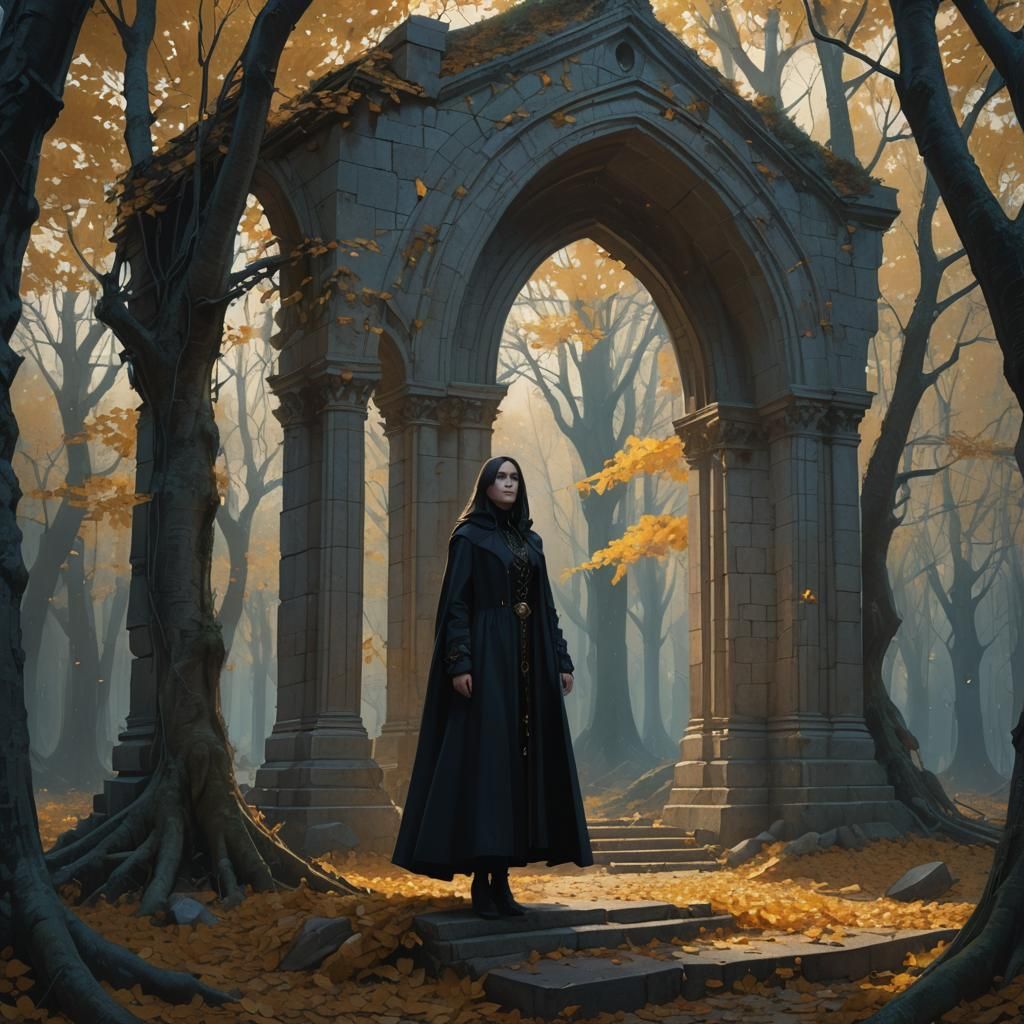 Gothic Priestess in Forest, Pointillism Style