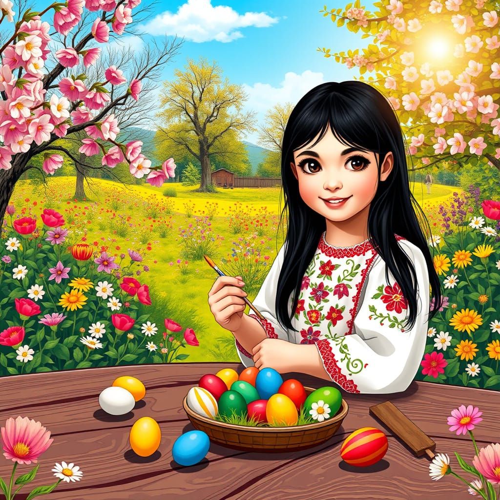 Girl in Traditional Ukrainian Dress Paints Easter Egg in a W...