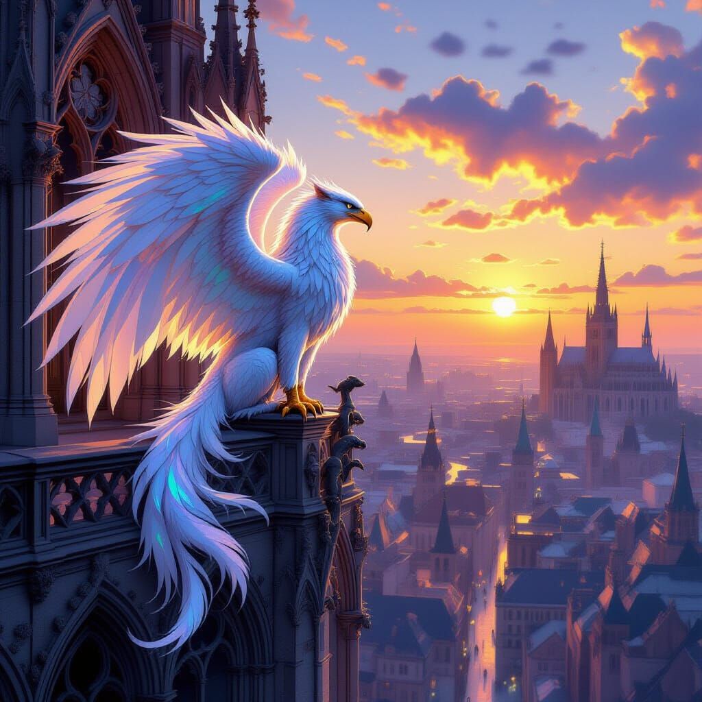 Griffin Overlooking Cityscape at Sunset in Fantasy Style