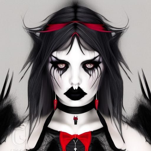Gothic hex mage with jet black hair& White skin& Black eyes with smoky black eyeshadow& smoky black eyeliner& Black lips...