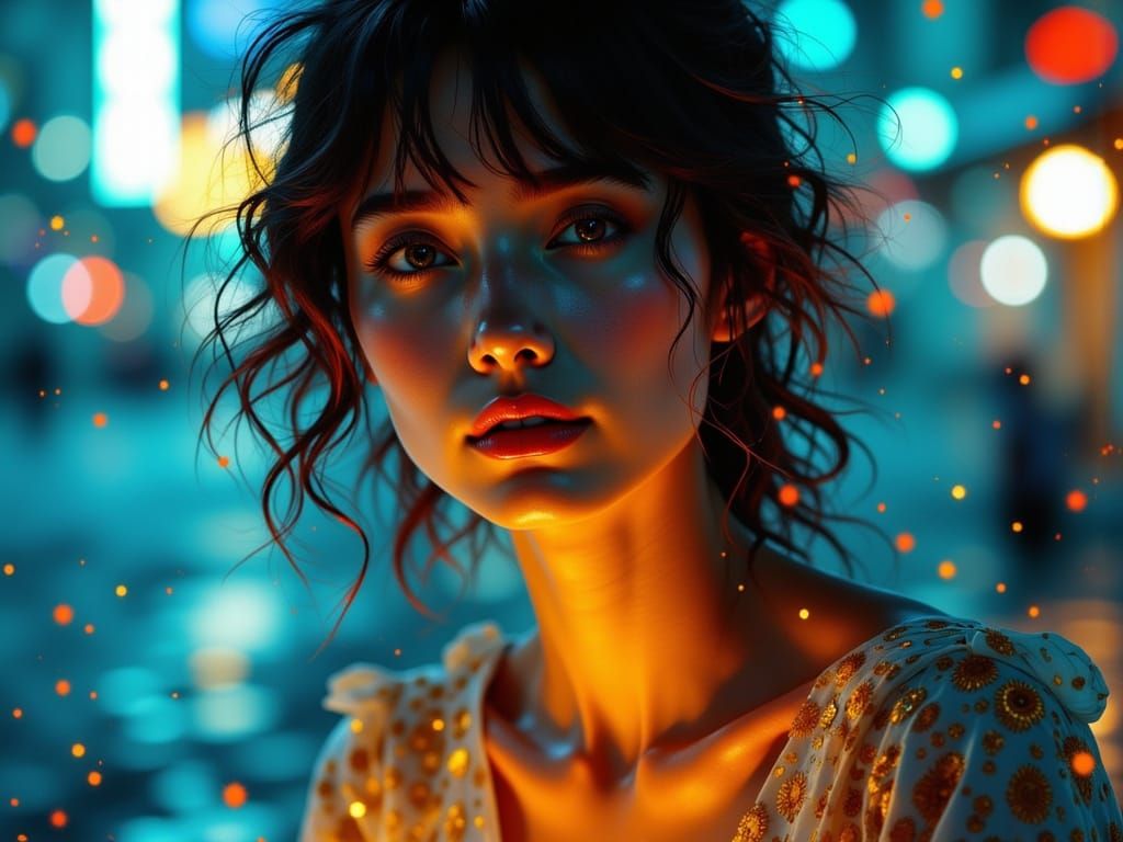 Ethereal Girl in Vibrant Neon Surrounds