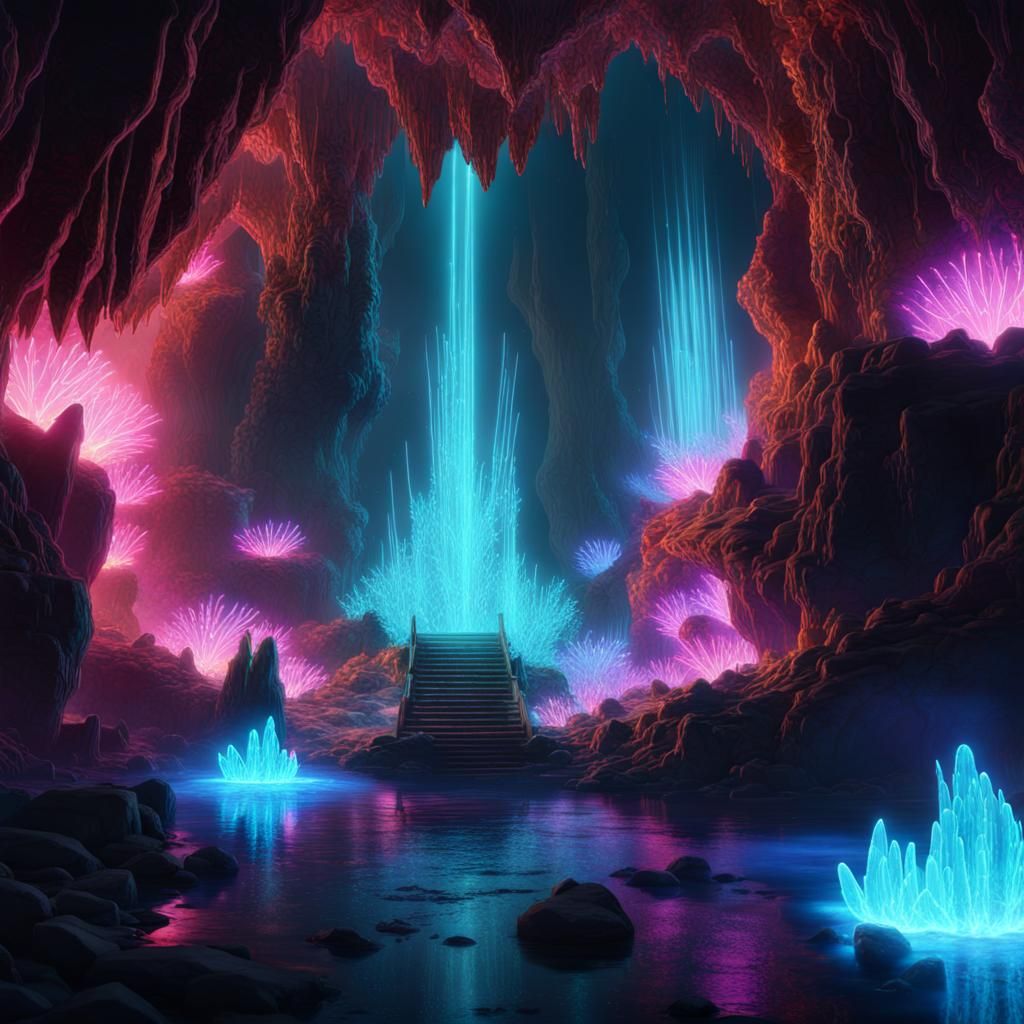 Bioluminescent Neon Crystal Cave: Digital Matte Painting