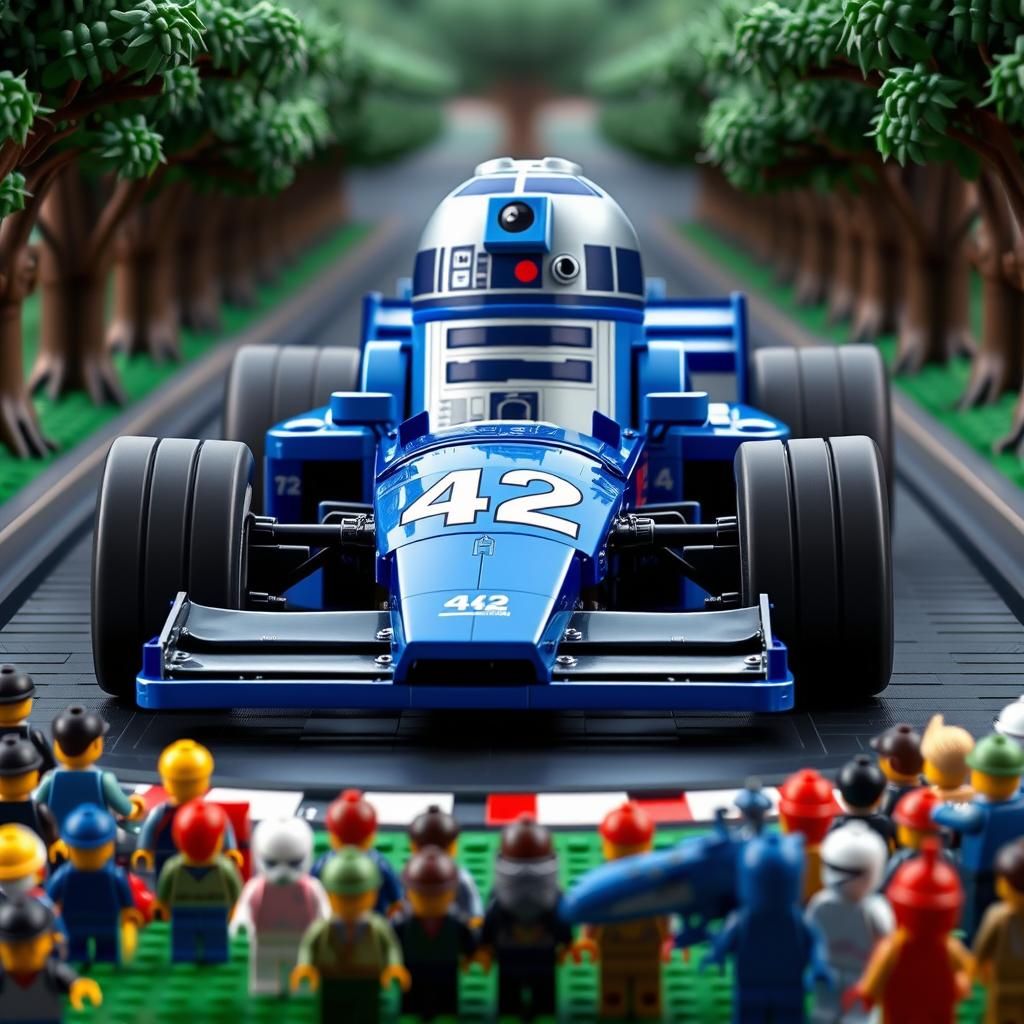 Lego R2-D2 Drives F1 Car in Whimsical 3D Render