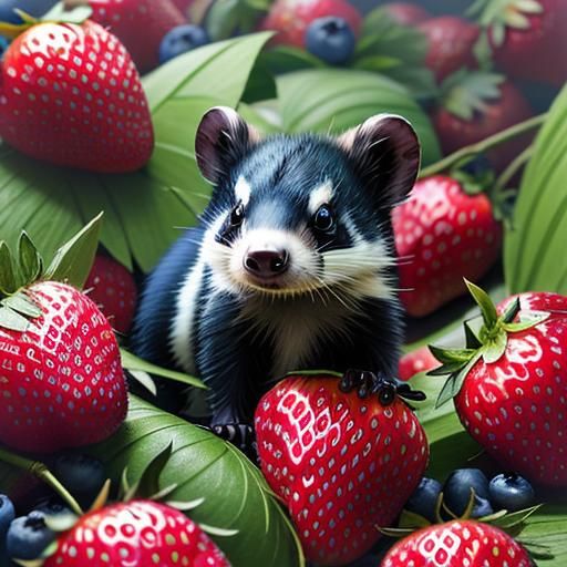 Adorable Skunk Cub Eats Berries: 3D HDR Portrait