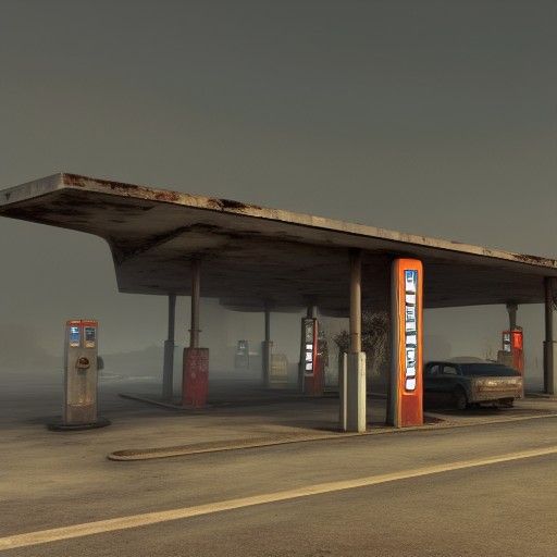 Abandoned Gas Station on Foggy Highway: Matte Painting