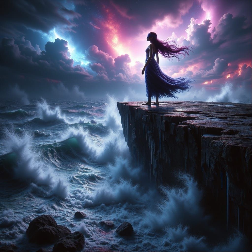 Figure Contemplates Stormy Sea with Glitch Art Effect