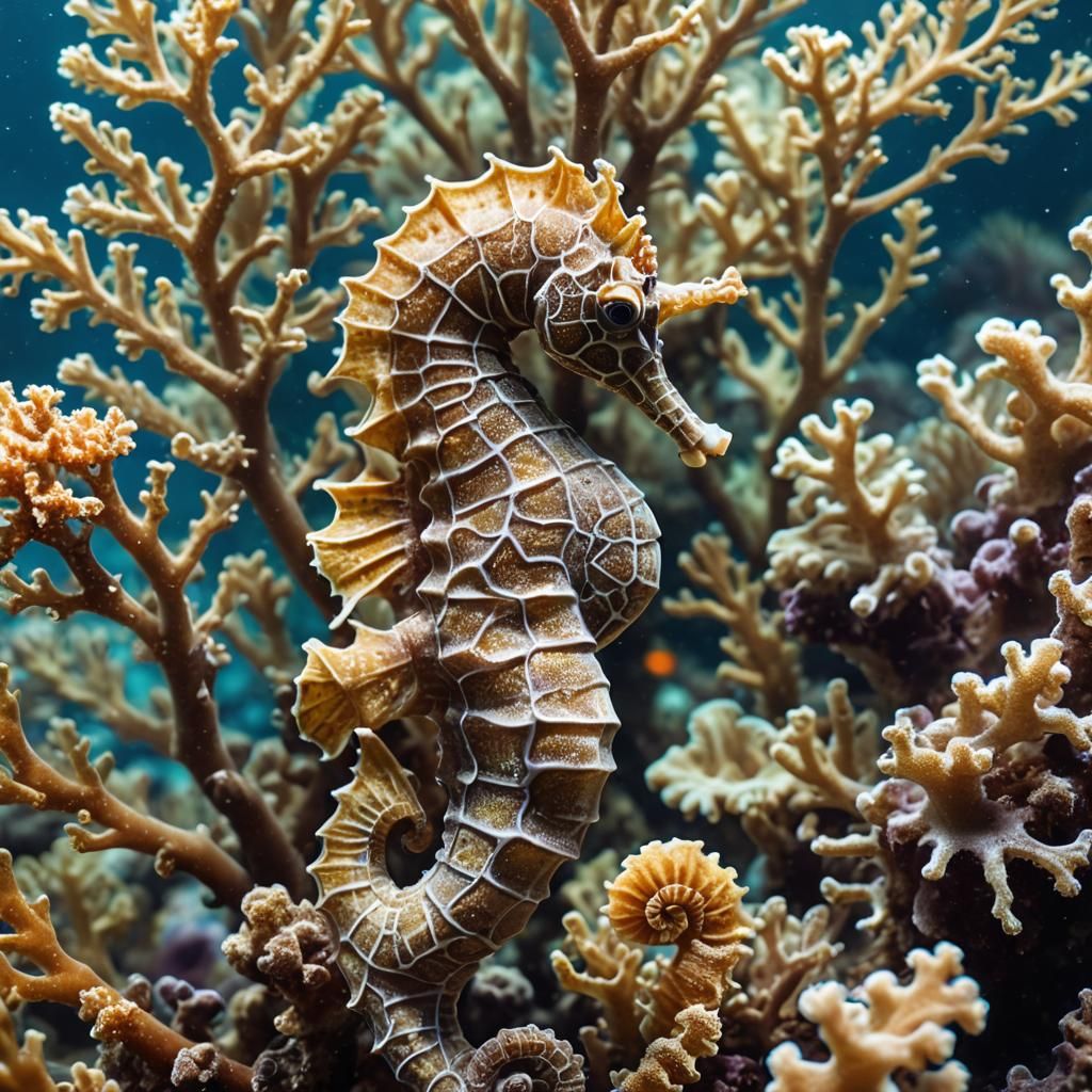Underwater Seahorse in Coral Reef: Macro Photography