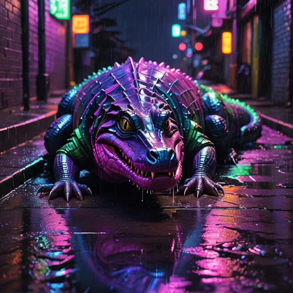 Construction Alligator Inspects Pipes in Neon Cyberpunk Alle...