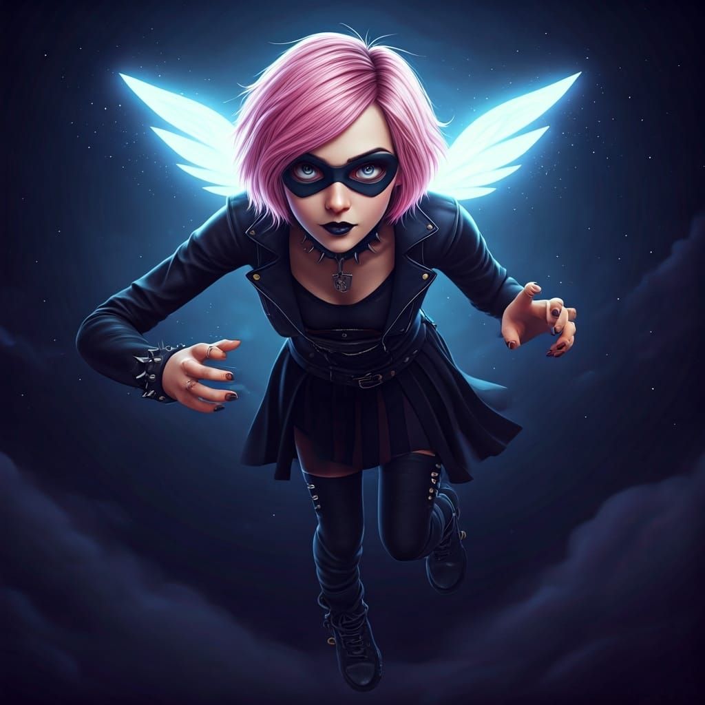 Pink Haired Vigilante Soaring Under Full Moon