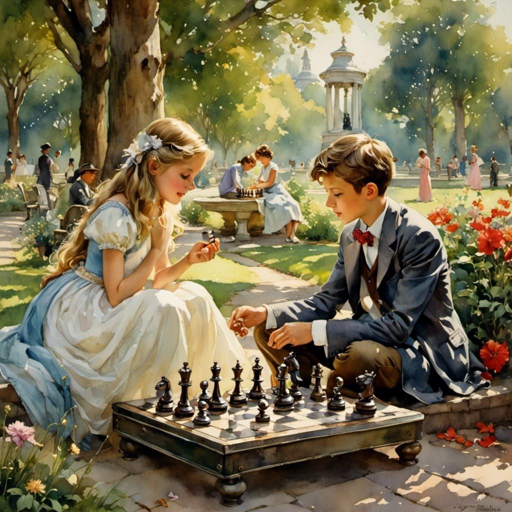 Boy and Girl Playing Chess in City Park