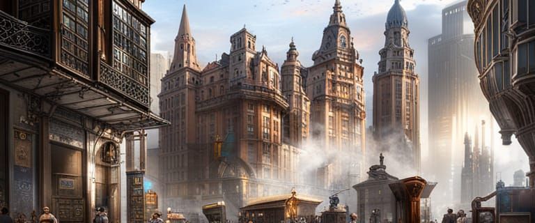 Steampunk Buildings Towering Above Clouds
