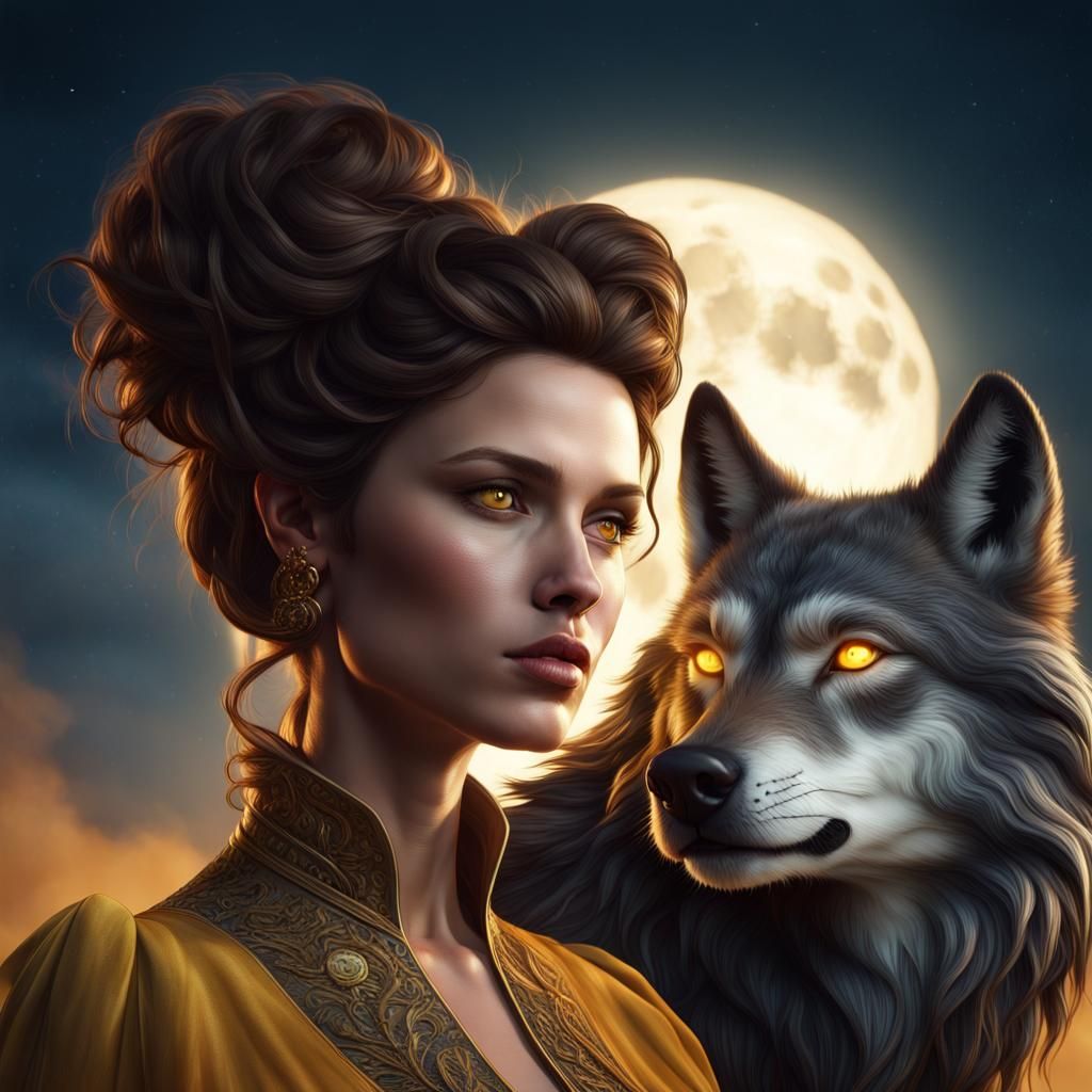 Woman with Wolf: Detailed Matte Painting in Fantasy Art Styl...