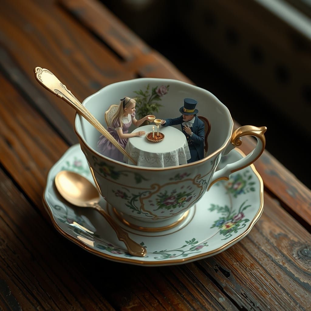Surreal Tea Party in Antique Teacup: Photorealistic Double E...