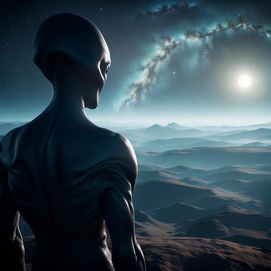 Alien Contemplates the Universe: Hyperrealistic 3D Render