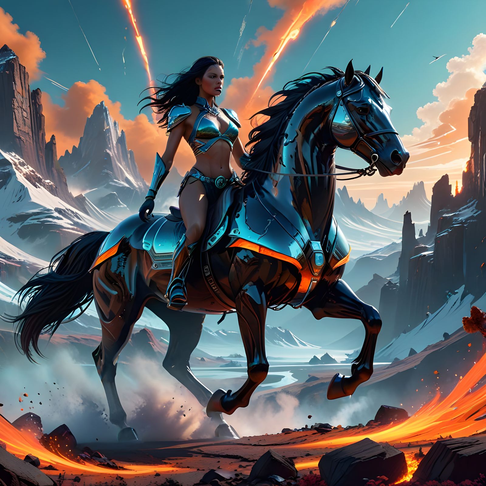 Surreal Amazonian Warrior Rides Fire-Drenched Steed Amidst C...