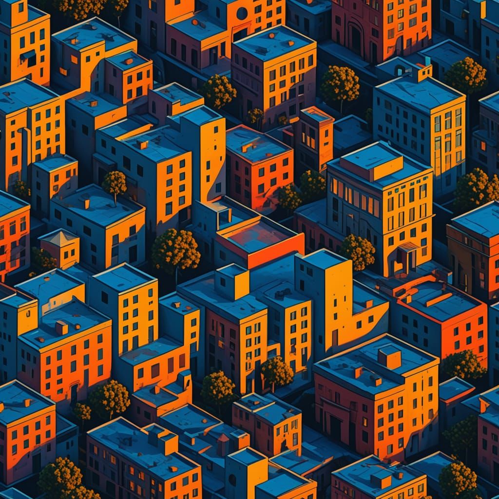 Cubist Cityscape at Sunset