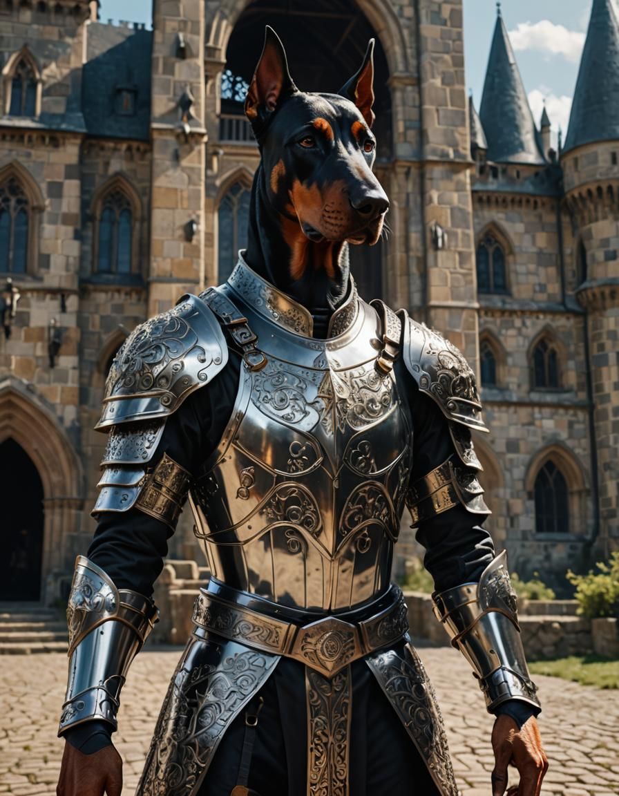 Doberman knight, portrait, finely detailed armor, intricate ...
