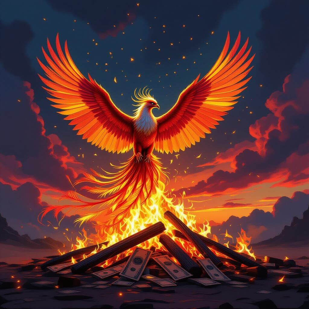 Majestic Phoenix Rises From Burning Banknotes