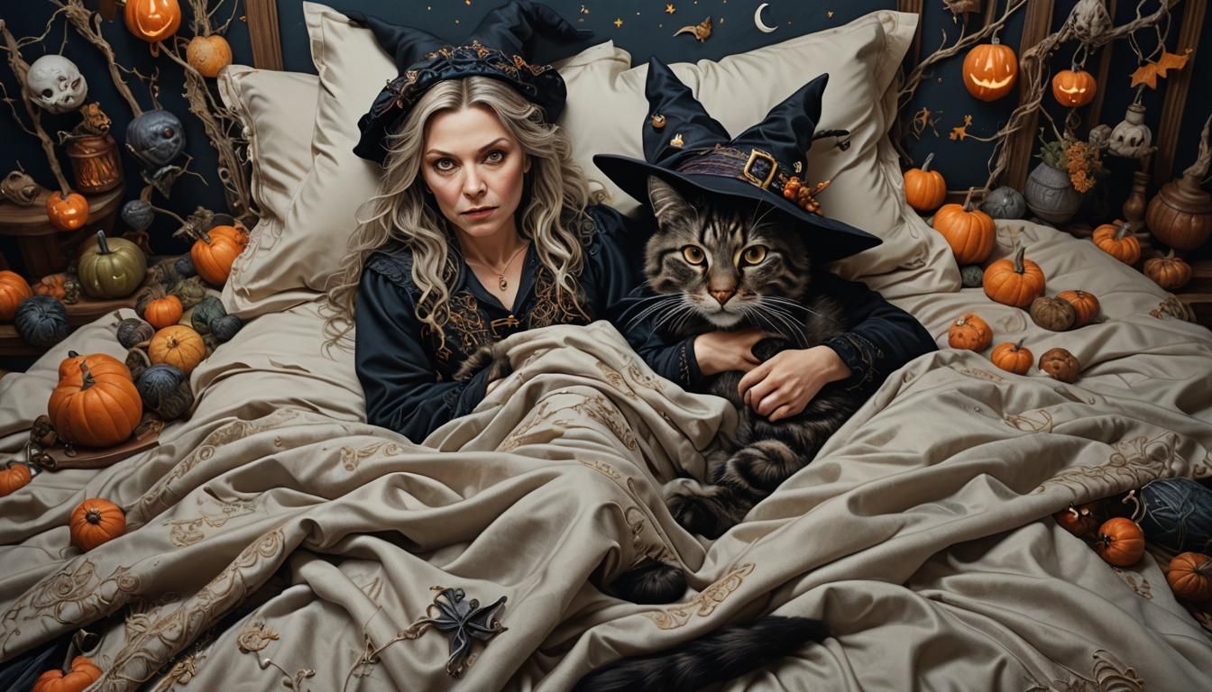 Anthropomorphic Witch and Cat in Bed: Fantasy Realism