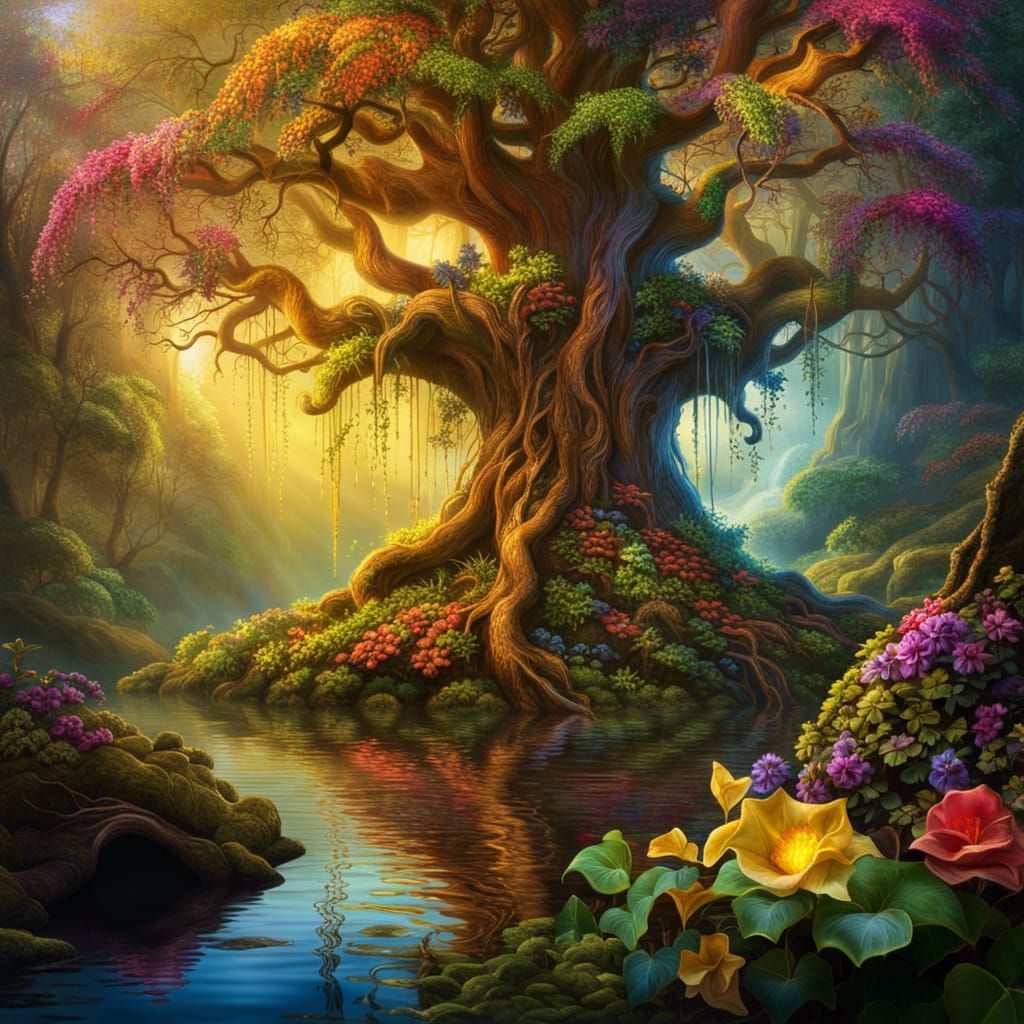 Enchanted Forest with Rainbow Colors and Golden Light