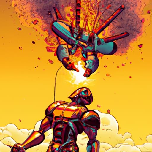Humanoid Robot Wields Flamethrower in Comic Book Art