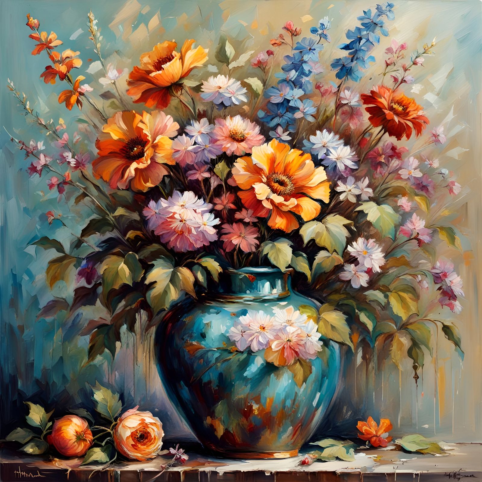 Abstract Vase and Flowers in Impasto Style