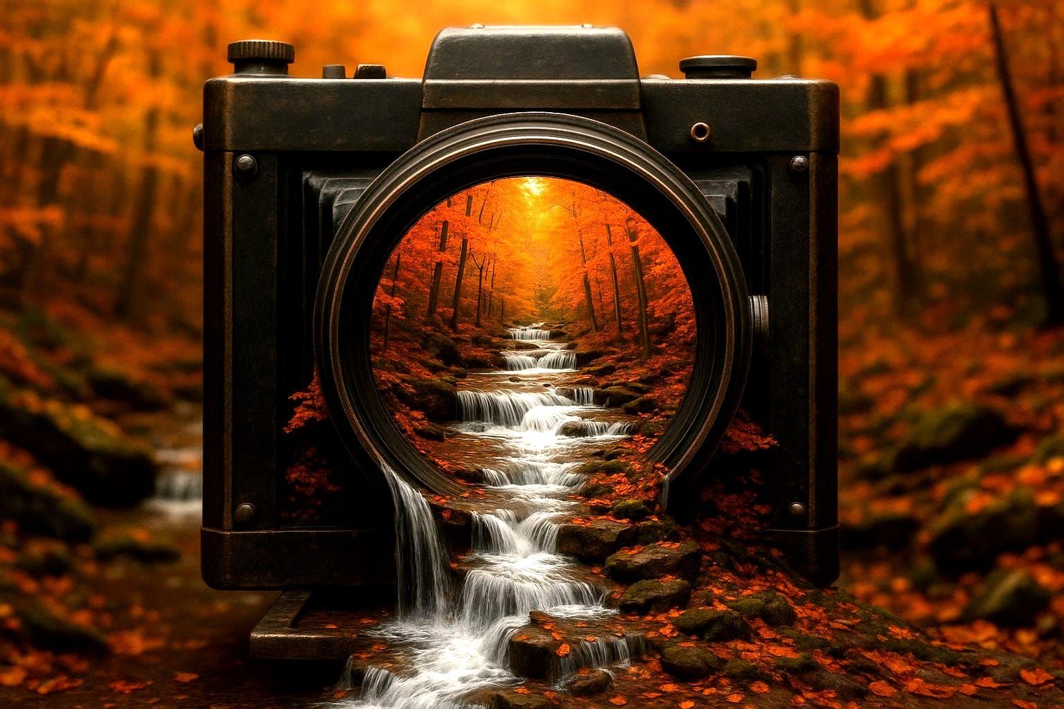 Autumn Landscape Flowing From Vintage Camera Lens