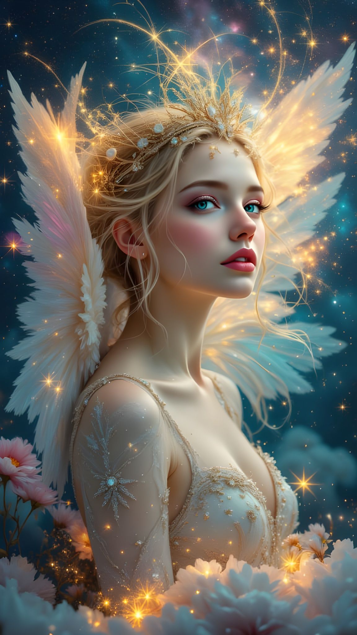 Angelic Being Floats Above Cosmic Nebula