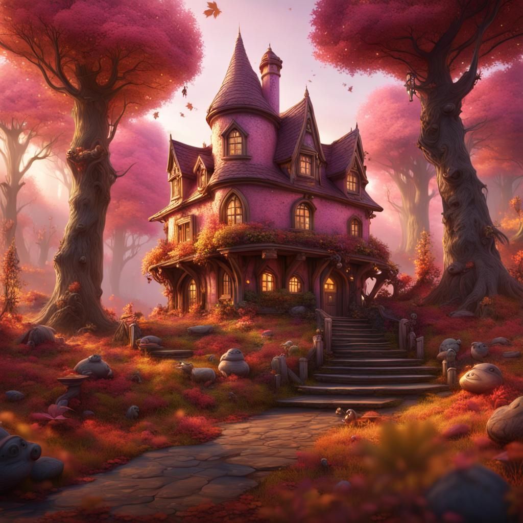 Pink and Gold Fairy House in Autumn Forest