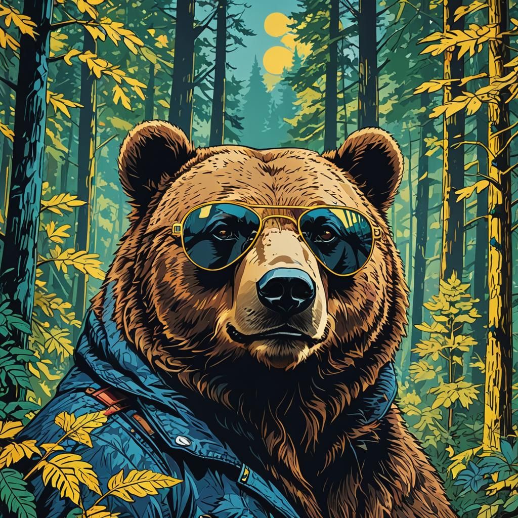 Pop Art Bear with Sunglasses in Vector Style