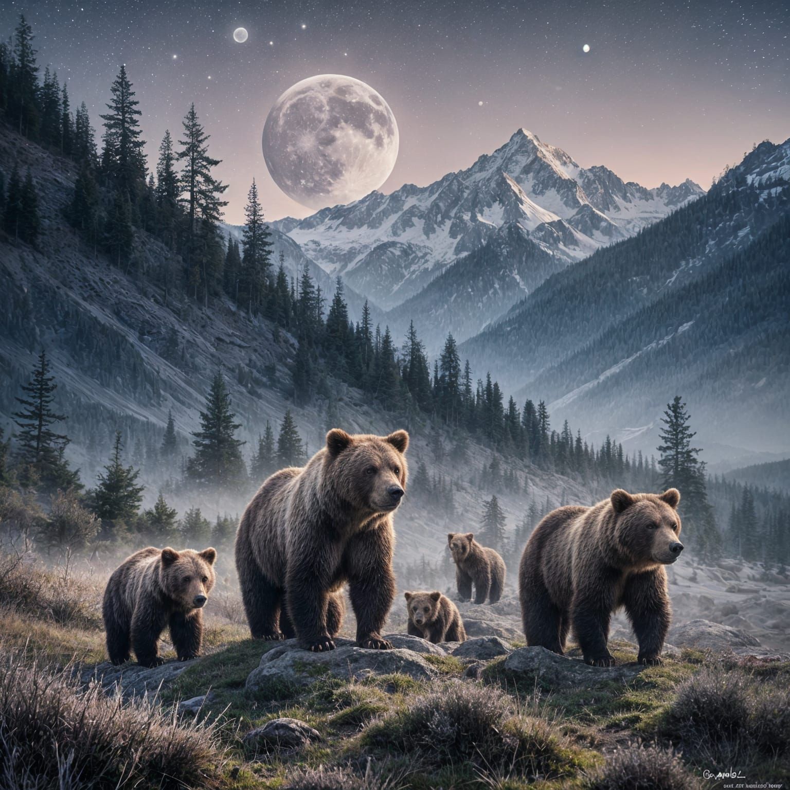 Grizzly Bear Double Exposure with Mountain Landscape