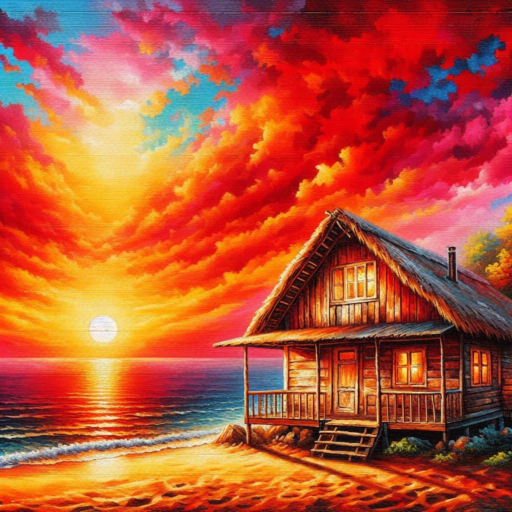 Beach House Sunset Painting on Wood