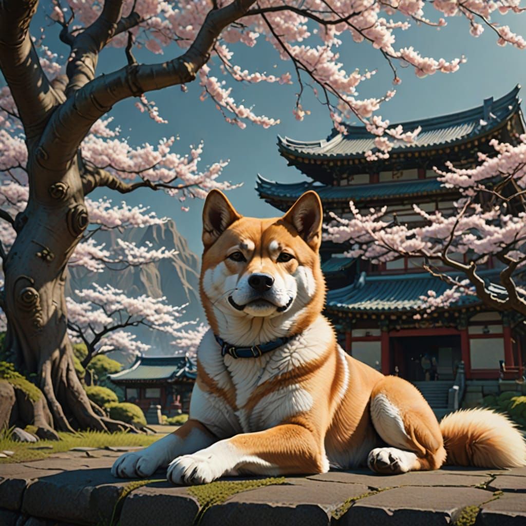 Serene Shiba Inu Meditates Under Cherry Blossoms