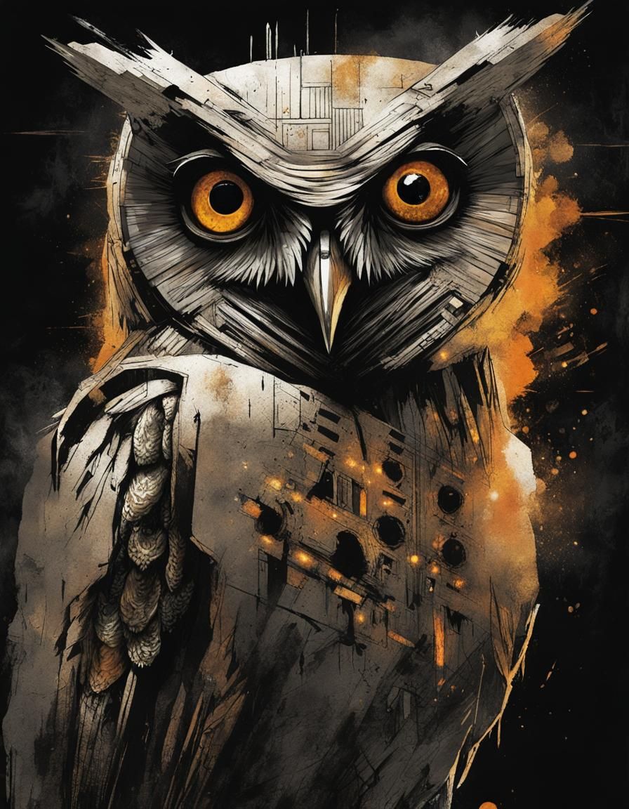 Replicant Owl in Cyberpunk Style on Damaged Wall