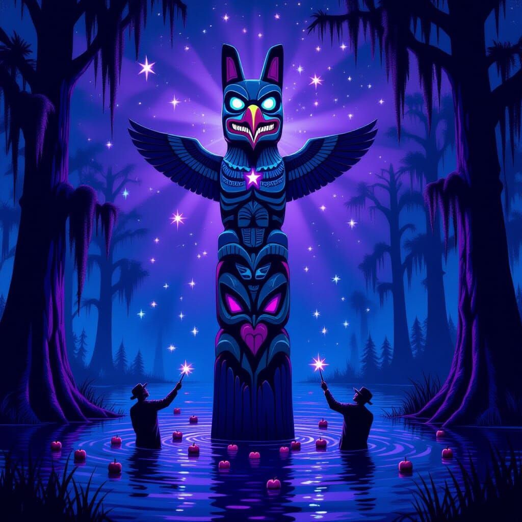 Gothic Totem Pole in Bayou with Politicians and Vengeful Spi...