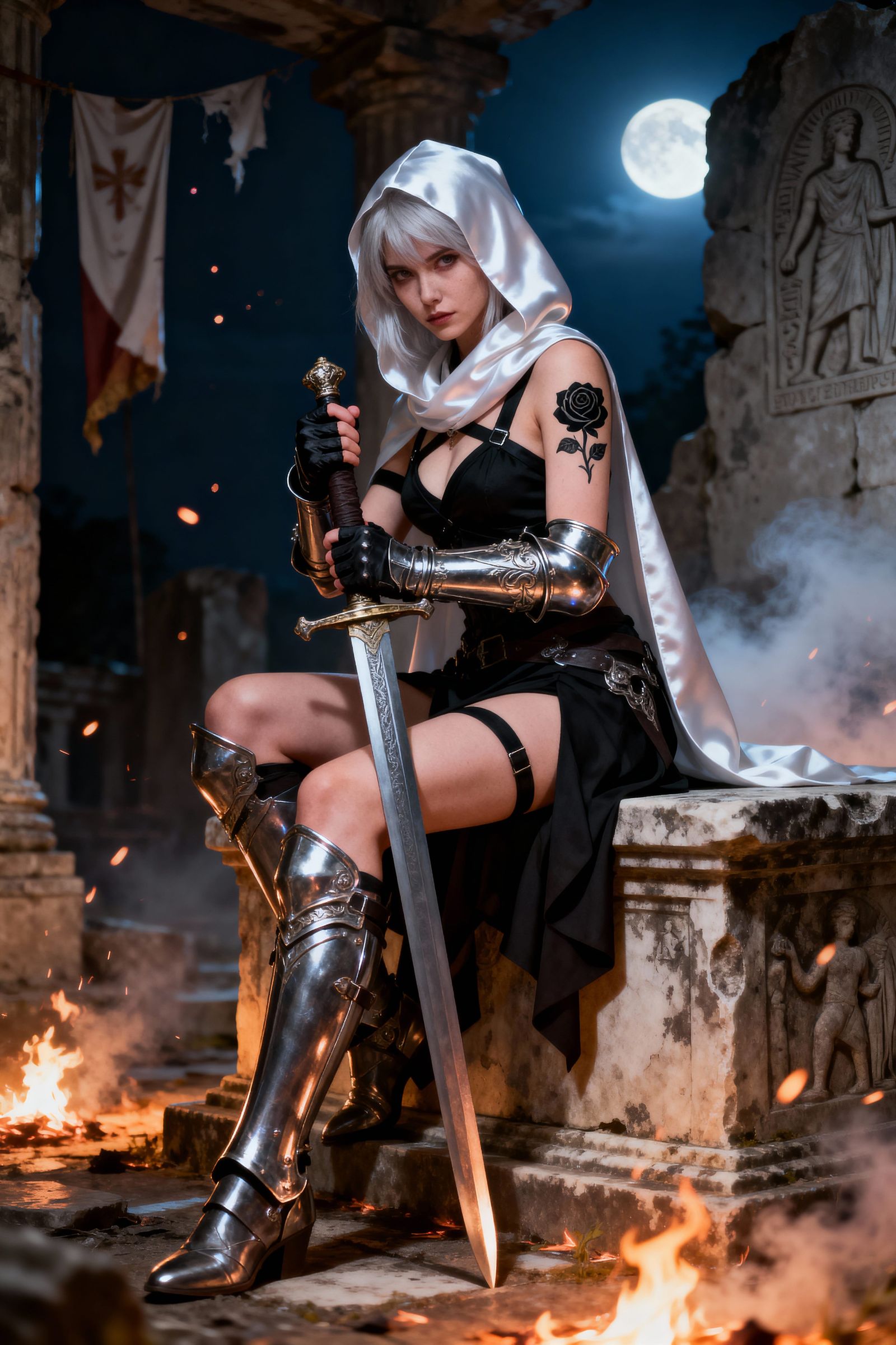 Dark Fantasy Warrior Woman on Altar at Night