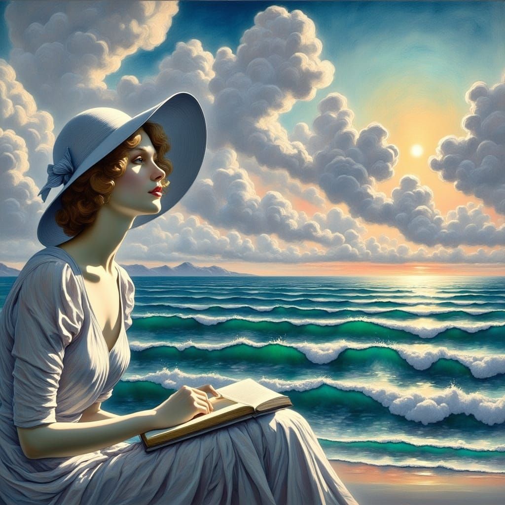 Woman in Dreamy Seaside Scene, in Oil Painting Style