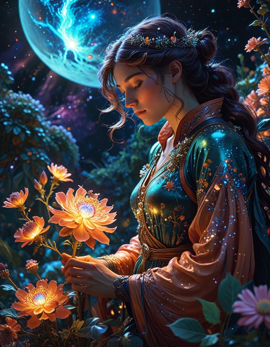 Celestial Botanist Tending Glowing Flora: Fantasy Illustrati...