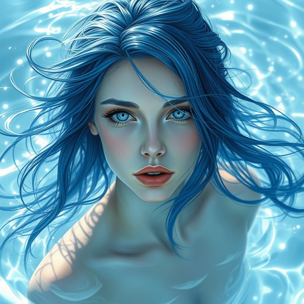 Ethereal Blue-Haired Woman in Crystal Clear Water