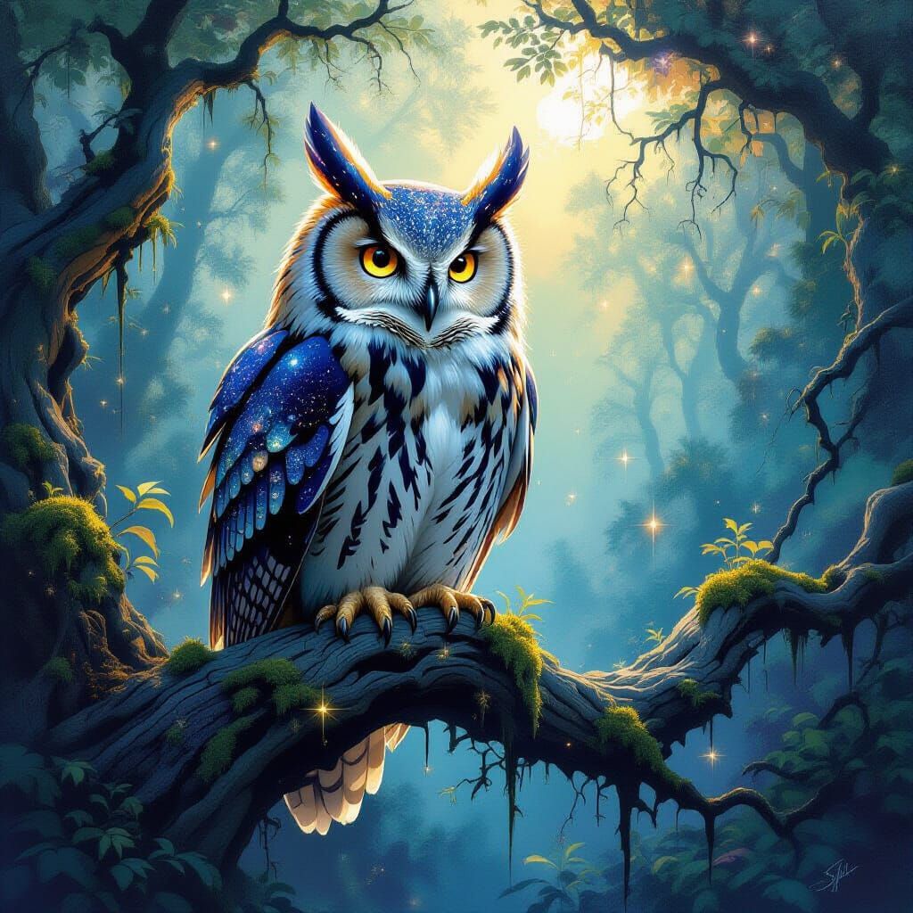 Wise Galaxy Owl on Mystical Branch