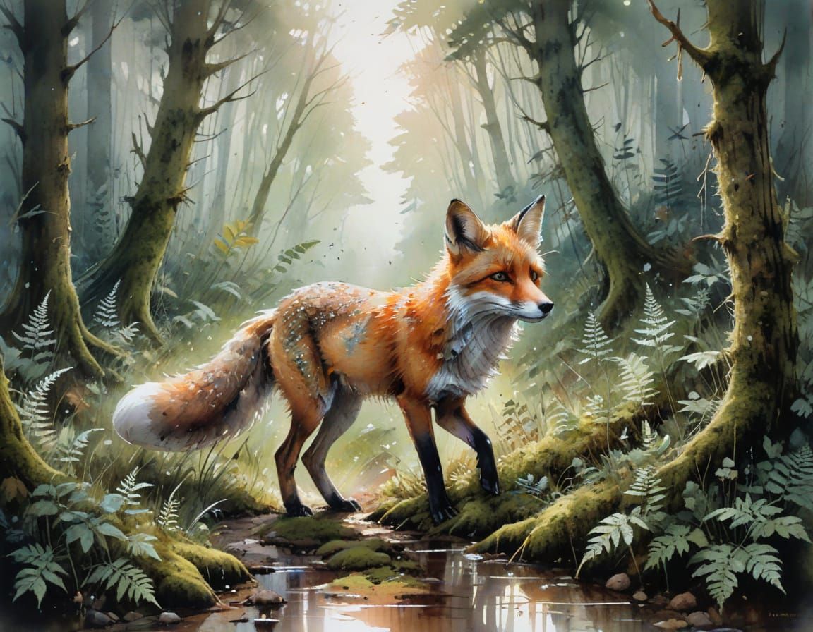 Midnight Fox in Whispering Woods: Stylized Watercolor
