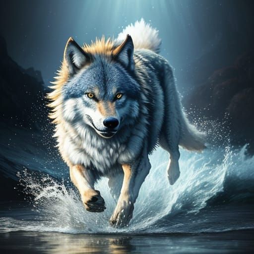 Wolf Runs Through Shimmering Water with Golden Light