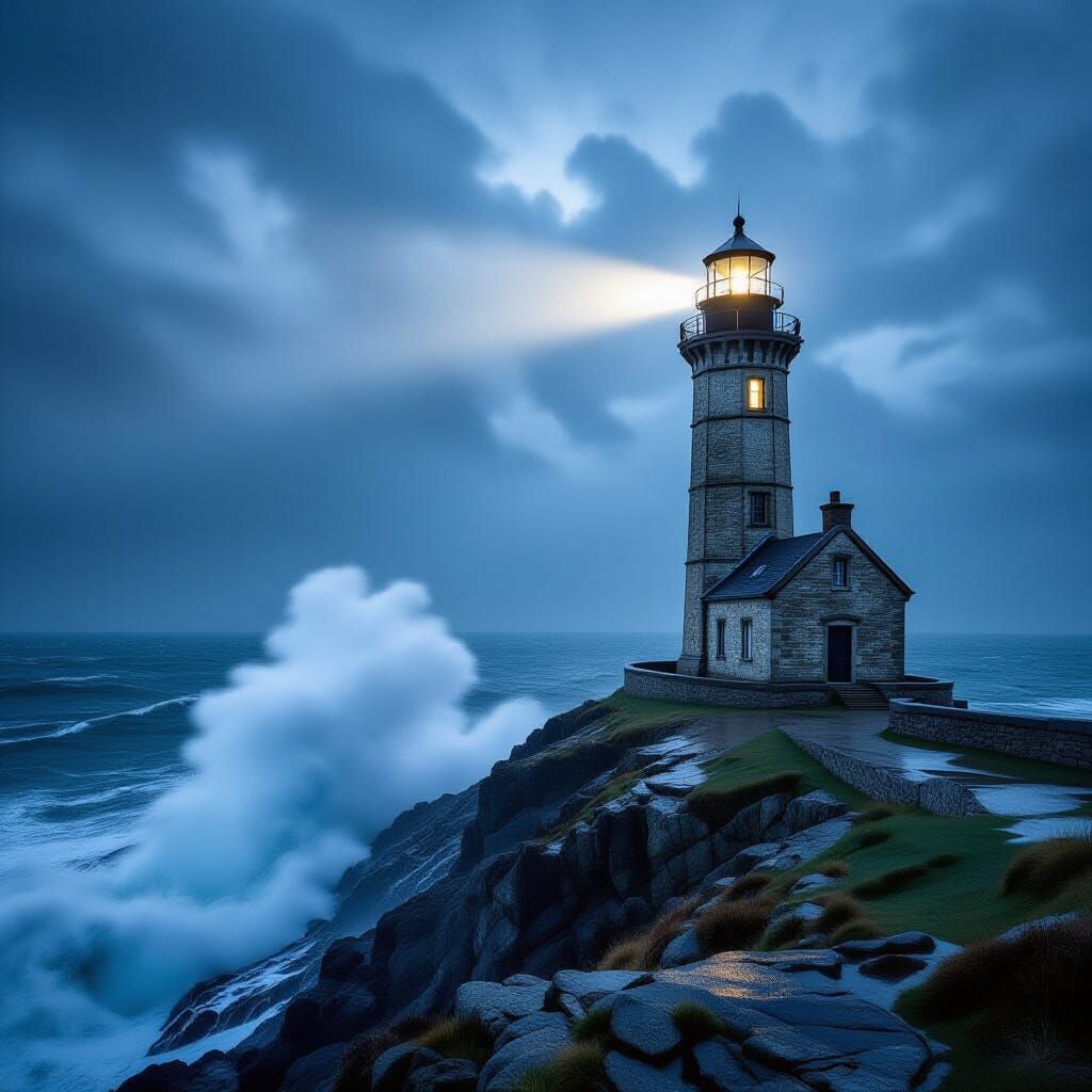 Weathered Lighthouse on Stormy Cliff, Cinematic Lighting